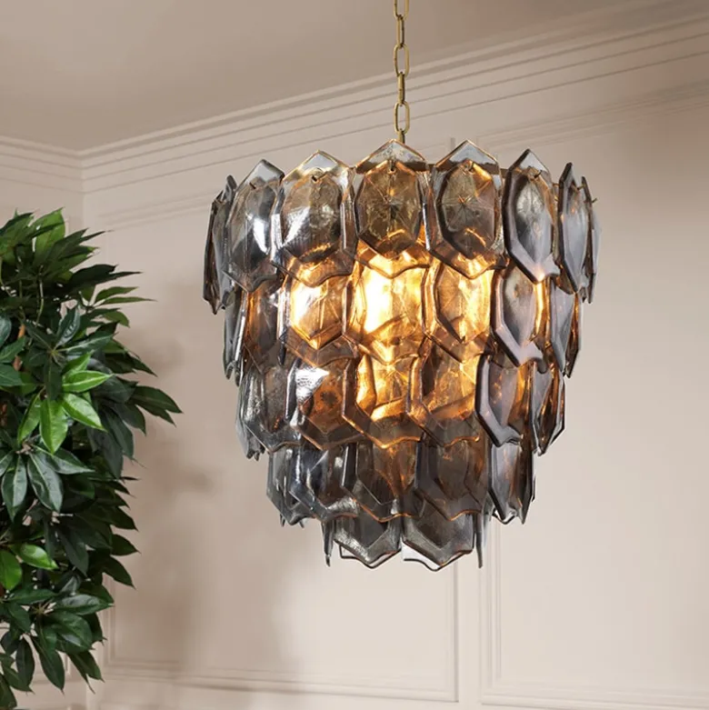 Elias Chandelier taklampa Antik mässing/rökfärgat glas